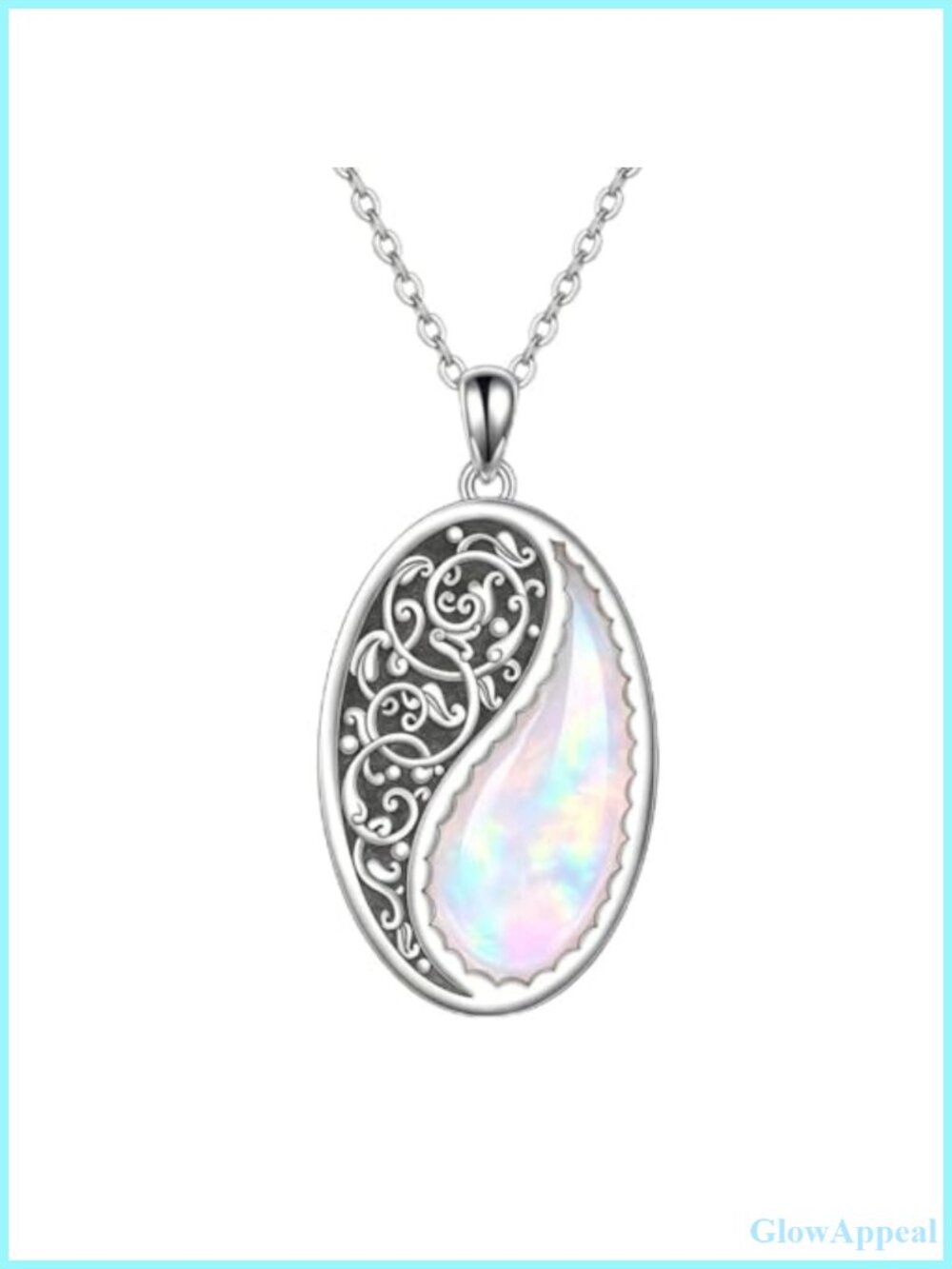 925 Sterling Silver Oxidized Filigree Necklace Moss Agate Opal Pendant Necklace